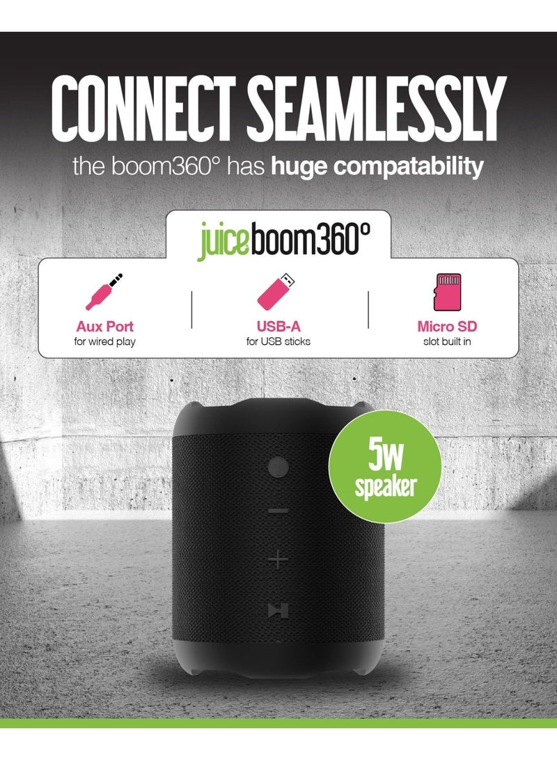 جوس مكبر الصوت المحمول JUICE Boom 360 بتقنية البلوتوث بقدرة 5 واط، متوافق مع الهواتف الذكية والأجهزة اللوحية وأجهزة MP3، مقاوم للرذاذ بمعيار IPX4، مع نطاق بلوتوث يصل إلى 10 أمتار، باللون الأسود. - Image 4